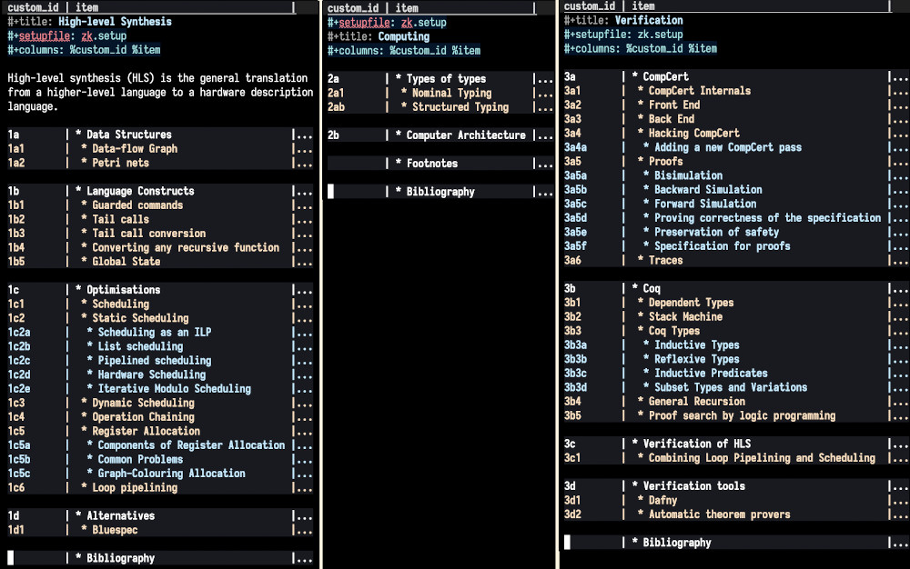 Figure 3: Example of the files containing the three topics I take notes in, displayed using the columns view in org-mode.